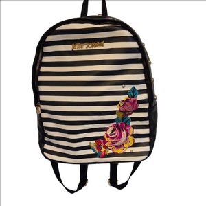 Betsey Johnson Black and White Embroidered Striped Backpack